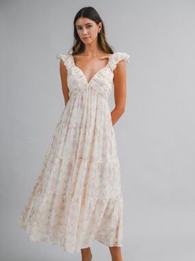 Floral Print Ruched Pleated Detail Midi Dress